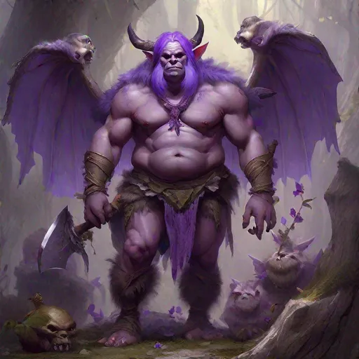 Prompt: Ogre Fairy, male, violet fairy wings, wearing grey furred loincloth, giant bone in one hand, standing over a kill, masterpiece, best quality