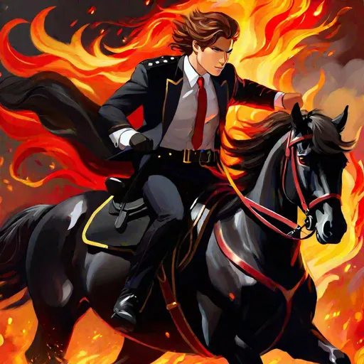 Prompt: Caleb  as a police officer (brown hair) (brown eyes) wearing a tuxedo, full body, riding a (black coated demon horse, glowing red eyes, firey mane, and tail) running through hell, rearing up on its hind legs