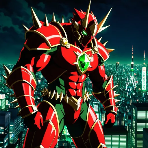 Prompt: anime, a powerful muscular all red spiked fully covered armor with golden spikes on his left forearm with a glowing green gem in his chest and knees and the top of his left hand, with glowing green gem in his chest and knees, standing at the edge of a skyscraper looking down at tokyo