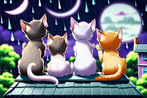 Prompt: Backside view, 3 cats, One adult female cat sits on a roof top looking at a full moon. two kittens play at her feet, one kitten, on left, is small, bright and playful,  another kitten, on right, is dark purple and bright green looks bored yet interested in playing.  Rain, rain clouds, bright stars, anime style,  hyperealistic