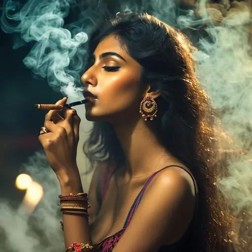 Prompt: An enticing image in the style of photography, featuring a mesmerizing Indian woman, her long and alluring tresses flowing, while she gracefully smokes a cigarette. 