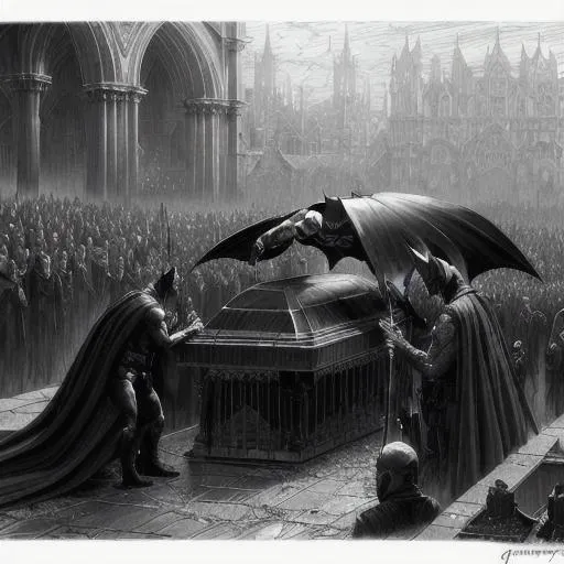 Prompt: Batman's Funeral, Real, Detailed, No Imperfections, Deviantart, HDR, Concept Art, Greg Rutkowski, James Gurney, Gustave Dore, Romanticism, Hyperrealism, Impressionism