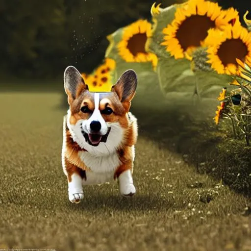 Prompt: a cyborg man  is chasing  a corgi sunflowers coming out of its back ,photorealism, cinematic lighting, hyper realism,8 k ,hyper detailed