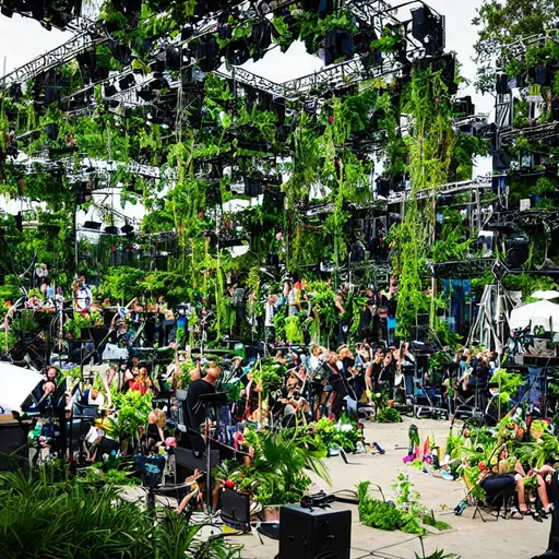 Prompt: large cube music festival stage covered in plants 
