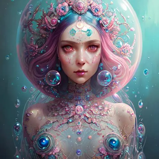 Prompt: Insanely detailed photograph of An elaborate beautiful bubble woman goddess glossy lipstick intricate glistening skin face bright eyes prismatic jelly blue pink clear dress long hair hyperdetailed painting by Ismail_Inceoglu Tom Bagshaw Dan Witz CGSociety ZBrush Central fantasy art 4K, bubbles in background digital painting, digital illustration, extreme detail, digital art, ultra hd, vintage photography, beautiful, tumblr aesthetic, retro vintage style, hd photography, hyperrealism, extreme long shot, telephoto lens, motion blur, wide angle lens, deep depth of field, warm, anime Character Portrait, Symmetrical, Soft Lighting, Reflective Eyes, Pixar Render, Unreal Engine Cinematic Smooth, Intricate Detail, anime Character Design, Unreal Engine, Beautiful, Tumblr Aesthetic,  Hd Photography, Hyperrealism, Beautiful Watercolor Painting, Realistic, Detailed, Painting By Olga Shvartsur, Svetlana Novikova, Fine Art