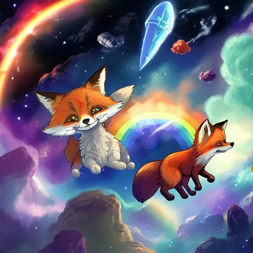 Prompt: fox and cat in space playing in a rainbow asteroid field 
