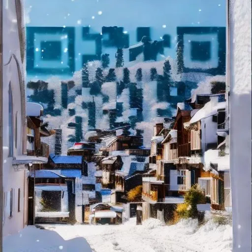 Prompt: a snowy village with mountains on the back