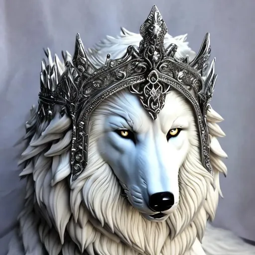 Prompt: Fantasy majestic white wolf king
crown of silver