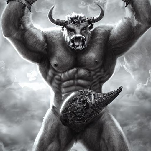 muscular minotaur holding a handaxe, giant horns, si... | OpenArt