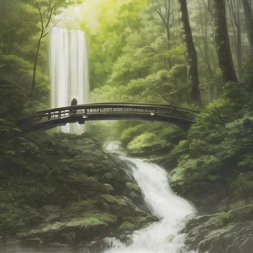 Prompt: man sitting on a bridge in nature beautiful forest overseeing a river waterfall 1080 hd 