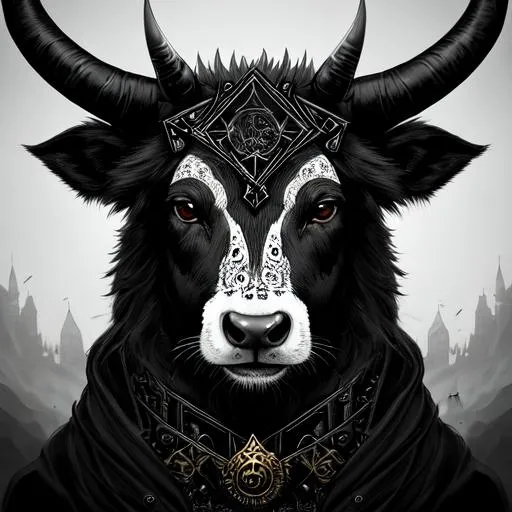 Prompt: a demoniac cow face, dark atmosphere, greyscale, detailed linework, cinematic, psychedelic, black paper, ornate, symmetrical, tarot card, highly detailed, ink illustration, style of peter mohrbacher, golden ratio, 8 k