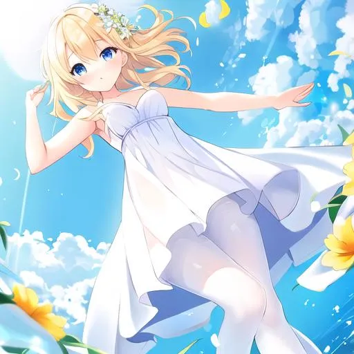 Prompt: solo,highres,short_hair,very long blonde hair,hair flower,blue_eyes,white pantyhose,small_breasts,white dress,