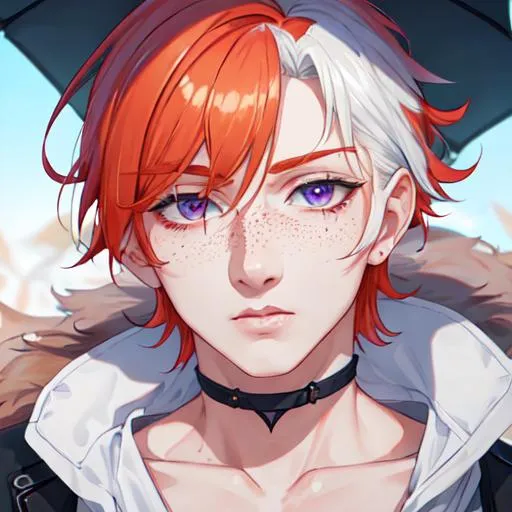 Prompt: Erikku male (short ginger hair, freckles, right eye blue left eye purple) UHD, 8K, Highly detailed, insane detail, best quality, high quality. As the godfather, mafia, crime lord