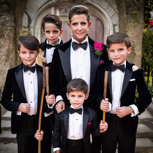 Prompt: Family of four magicians all warring tuxedos with bow ties holding their magic wands that they can cast magic spells with