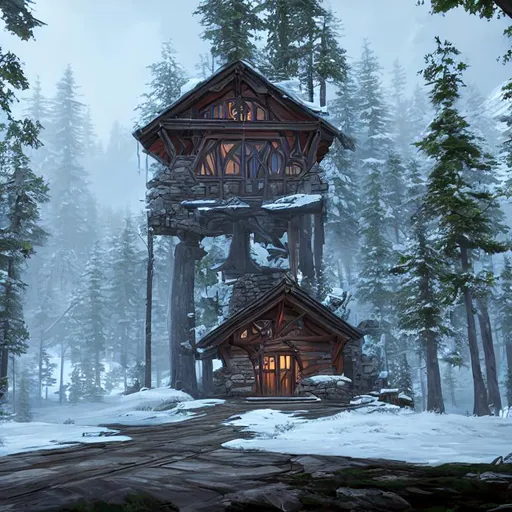 Prompt: a stuning russian cottage in the forest