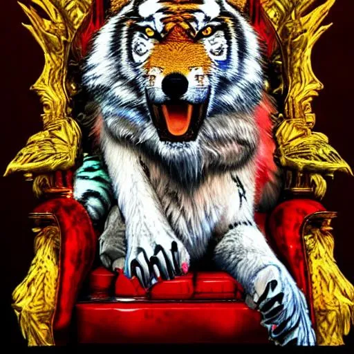 Prompt: Scary, mad, wolf, tiger, on a throne, red and gold, colorful, 3d