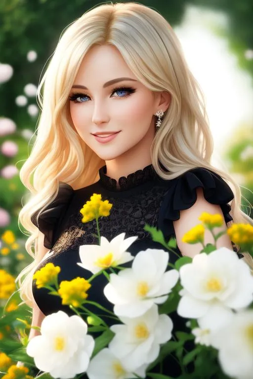 Prompt: realistic cinematic full body view of gorgeous blonde lady(beautiful eyes, detailed face, smiling) wearing black dress, in a garden filled with flowers, wet, soft sun light on face, detailed image, 8k