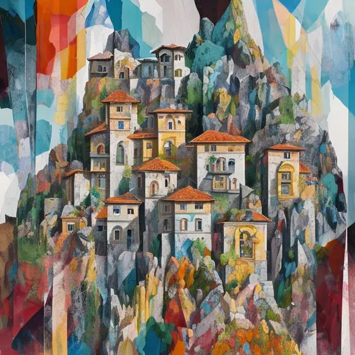 Prompt: A Painting of a multi level Villa, atop a craggy mountainside in Transylvania in the abstract, detailed whimsy style of Christopher Wood