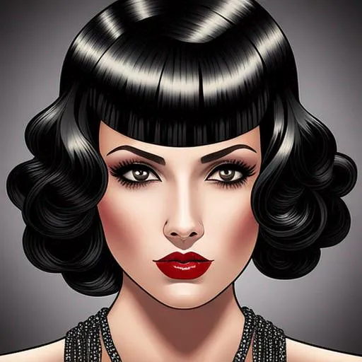 Prompt: 20's fashionable  flapper girl,black finger curl hair, red lips, facial closeup
