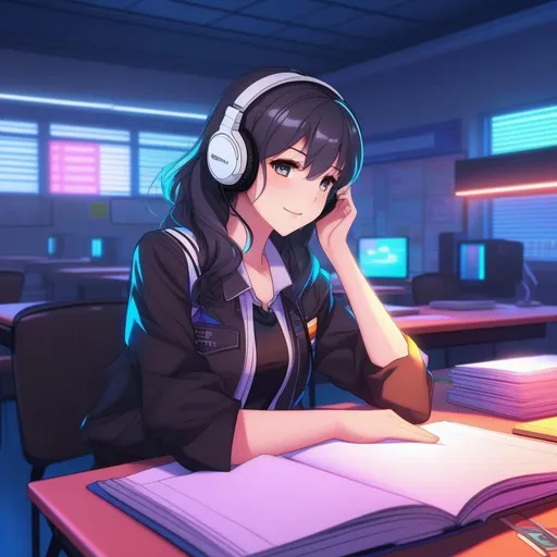 Prompt: anime girl sitting at a desk with her head resting on her hand, brightly neon room, happy, anime aesthetic, in a classroom, horror smile, app, inspired by Glennray Tutor, prison background, remodernism, asian women, wearing headphones, trending on artstation, 8k