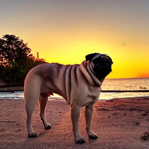 Prompt: Pug siting and looking into the sunset