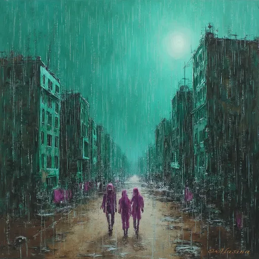 Prompt: city with green buildings and rain. earth brown roads. people as purple silhouettes.
painting