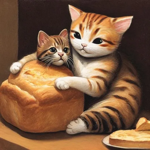 Prompt: Cat clutching a loaf of bread