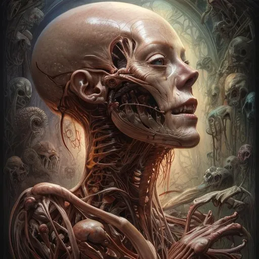 Prompt: ((Beautiful skinless female, anatomical diagram, horror, visible organs, bone and muscle, illuminated from within)) - HD Album Cover Art; Jean-Baptiste Monge + Jessica Rossier + Brian Froud; Award-Winning Render; Unreal Engine 3D; Symbolism; Colourful; Polished; Complex; UHD; D3D; 16K", (((art by Carne Griffiths))), dark wall background, curved line composition, insane details, intricate details, low contrast, soft cinematic light, exposure blend, hdr, front Arriflex 535B, Nikon 6mm f/2.8 fisheye lens, Kodak Vision2 500T 35mm film stock, lighting techniques aimes to accentuate the exaggerated colors and contrast in the scene, ultrahigh resolution, highy cinematic, super detailed, extremely high quality