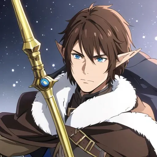 Prompt: dnd 5e ranger hunter, male, brown hair, blue eyes, battle staff, fur cape, elven ears, fabric around nose and mouth as cover