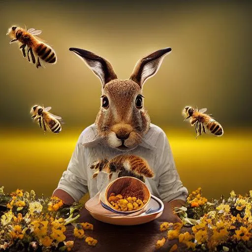 Prompt: honey bee blended with a hare , hybrid creature, surreal, 8k, food photography, octane render