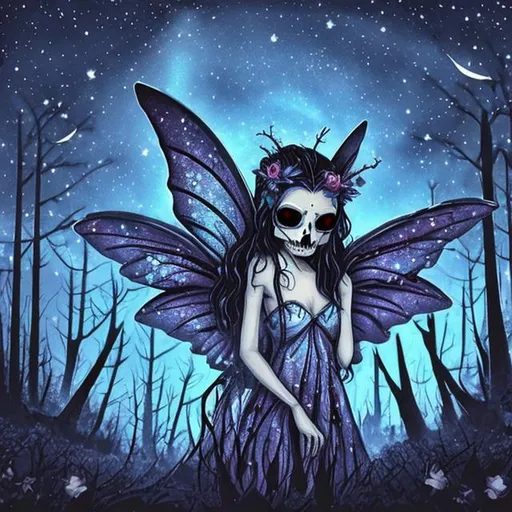 Prompt: fairy , skulls in woods and night sky with stars