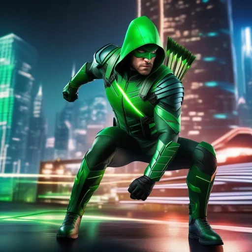 Prompt: Ultra Realistic, A dynamic and futuristic  Green Arrow. The scene takes place at night, with blue and red neon lights illuminating the road. Skyscrapers tower above, their façades covered in holograms projecting fluid and changing images. Green Arrow wears a high-tech green armor, with aerodynamic components. His vigilante mask has an aggressive design, with sharp lines and technological details. Behind him, there are flying vehicles and robots floating in the air, further enhancing the feeling of being in a futuristic world, kyoto, japan, fantasy, featured on artstation, 8k