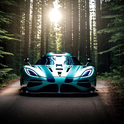 Prompt: koenigsegg regera wide body heavily modified at illegal meet, dark and shadowy background, in the Canadian forest, 30 minutes after sunset, long depth of field.