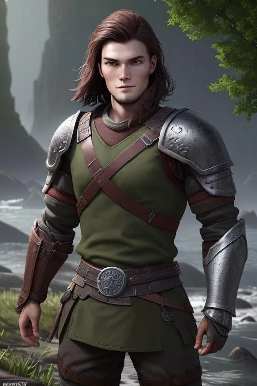 Prompt: Digital art, vibrant colors, a 21-year-old viking man, subtle smile, round head, round face, short dark brown hair, brown hair, muscular, viking forest, green gear, silver armor, light green eyes, Tidal Class seal on chest armor, unreal engine 8k octane, 3d lighting.