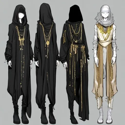 Prompt: Draw four concept arts of people in black shawls, tight black slacks, black combat boots with new-age futuristic gold accents for their clothes. Make the people wear baggy clothing, with gold jewelry 