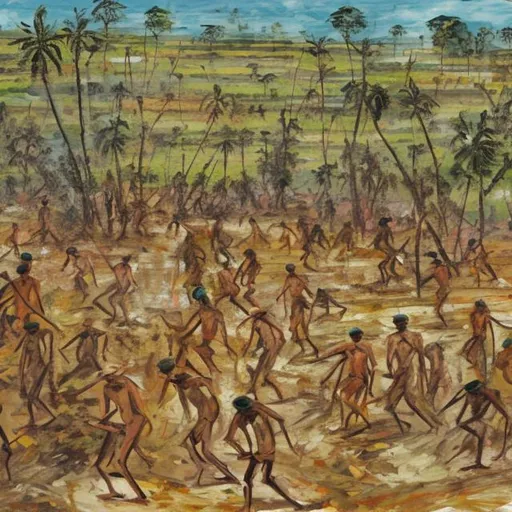 Prompt: expressionism painting of poor Javanese peasants with thin bodies hoeing barren land