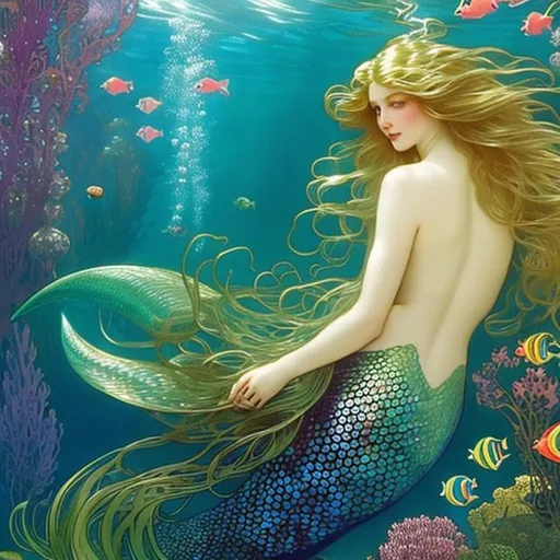 Prompt: beautiful mermaid with long flowing blonde hair and green iridescent tail swimming in an underwater fantasy land with many small colorful fish: by alphone Mucha there is a coral reef in the background , backlight, highly detailed:2