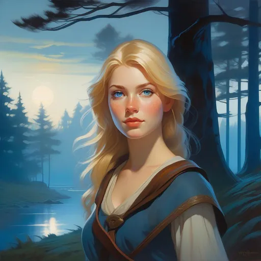 Prompt: Third person, gameplay, ancient Germanic girl, pale skin, freckles, blonde hair, blue eyes, forest at night, fog, blue atmosphere, cartoony style, extremely detailed painting by Greg Rutkowski and by Henry Justice Ford and by Steve Henderson 