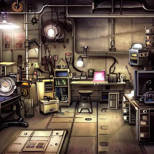 Prompt:  large empty Anime modern steampunk mechanic lab filled with gadgets that most likely belongs to a genius
