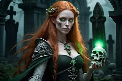 Prompt: Realistic, beautiful female human, long ginger hair, D&D, Necromancer, holding a staff of skulls that emits a green glow, graveyard setting, detailed facial features, intricate wood details, soft lighting, high-quality, detailed ghostly eyes, professional, fantasy, realistic, elegant, graveyard, long ginger hair, human, melancholy, soft lighting