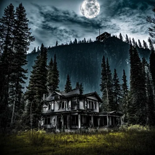 Prompt: abounded house, night ,  moon, mountain , dark forest , torch, fired trees , ghost 