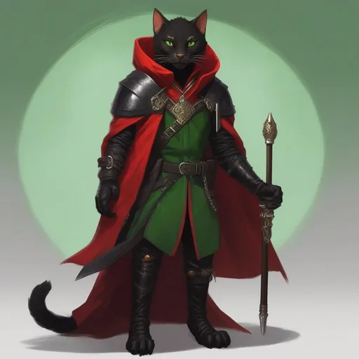 Prompt: DND a black male tabaxi with green eyes wearing black leather armor with a red cloak