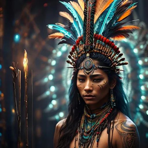 Prompt: ((portrait in WLOP stylus)) Native American woman, 20 years old, female shaman. A healing ritual. Night fantasy picture illuminated with blue, red and green colors. A brilliant bejeweled headdress, a scepter symbolizing healing power. Painted and tattooed beautiful face, hard, determined features. Colorful bird feathers were woven into her hair. Elaborately decorated dress. A reassuring gesture. The light comes from behind the shaman woman. Diffuse, soft light.