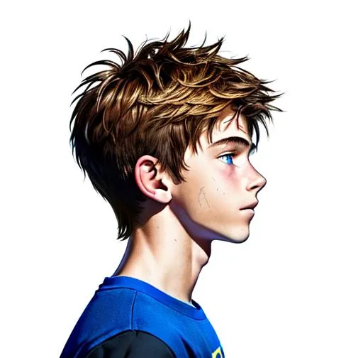 Prompt: Hyperrealistic Hyperrealism (sideview of face)++ (head turned)++ (profile) portrait, Beautiful young teen boy, (16 year old kid) (messy hair)+ ((hair covering eye))++ emo cut, lightbrownhair boy, hair, sharp gaze, blue eyes, innocent, boy model, 16 years old, hot, pretty, cute, hoodie zipper, cinematic lighting, blue sky, bright colors, blue, green, yellow, white,  luminous, hyperdetailed, great composition, professional, artstation award, (white background)++ 