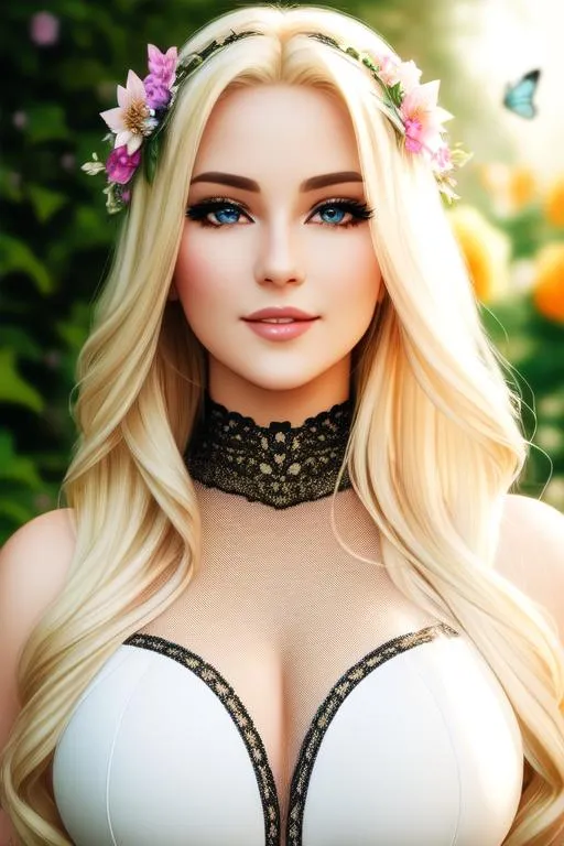 Prompt: cinematic shot of gorgeous blonde lady(divine look, beautiful eyes, detailed face, smiling) wearing mesh clothes with laces, soft light on face, in a garden filled with flowers and butterflies, eye contact, realistic
