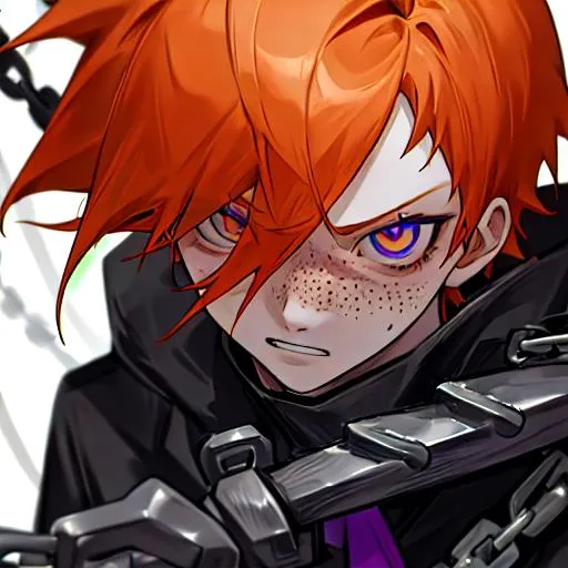 Prompt: Erikku male adult (short ginger hair, freckles, right eye blue left eye purple) 8K, Highly detailed, insane detail, best quality, high quality, holding a chain saw