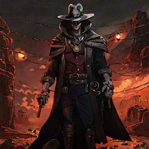 Prompt: Cyber Cowboy with 4 Arms, fiery red Poncho, Dressed in black duster and Stetson Cowboy Hat, with Red eyes, Haunting Presence, Intricately Detailed, Hyperdetailed, Desert Wild West Landscape, Dusty Midnight Lighting, Wild West Feel