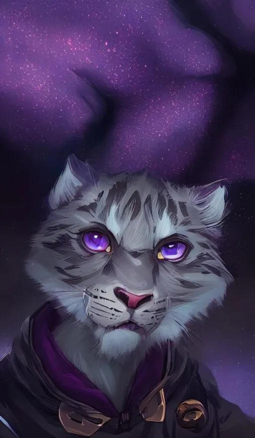 Prompt: cute , young , male, anthropomorphic , fluffy , tiger , feline , khajiit , furry , bright purple eyes , pretty face , starry sky , bank of river , realistic