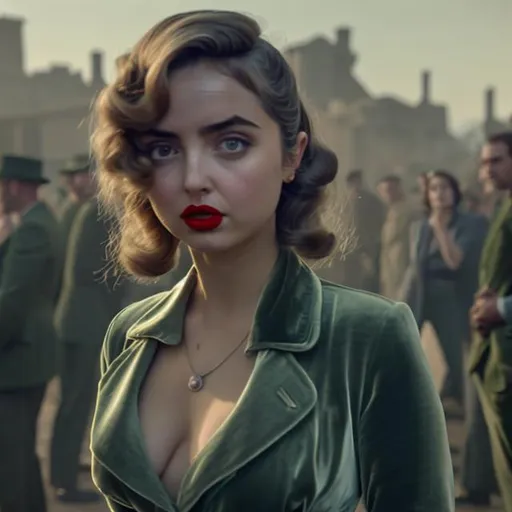Prompt: Ana de Armas, Sultry 1940's Female gangster a tommy gun over shoulder, wearing green velvet dress, hands in pocket, cute facial festures face, 8k, bending over. Riot in Background