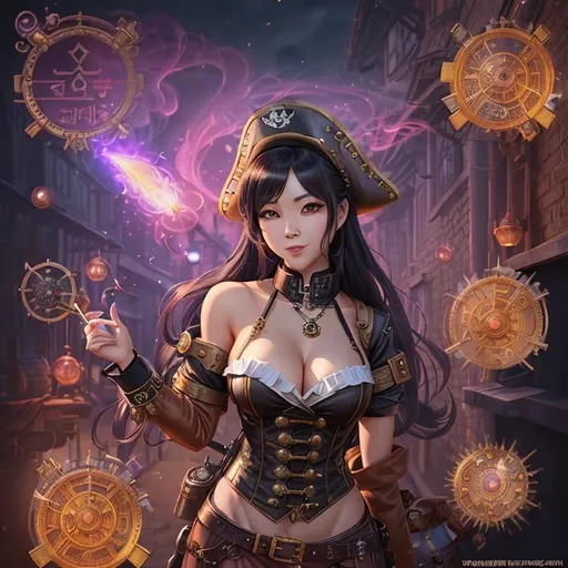 Prompt: a steampunk korean in a short skirt and jacket standing in a alley, fantasy character art, cruel korean goth girl, female pirate captain, cheerful expression, bodybuilding blacksmith, cute:2, inspired by Dong Qichang, with a cute steampunk calico cat, official splash art, evil smile